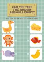 Kawaii printable worksheet for kids to draw lines matching animals with their correct food for fun learning and recognition vector