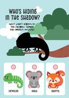 Cute kawaii worksheet for kids with fun animal shadow matching activity featuring animals in trees to support early learning and visual recognition skills. vector