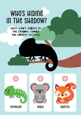 Cute kawaii worksheet for kids with fun animal shadow matching activity featuring animals in trees to support early learning and visual recognition skills.