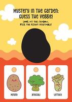 Shadow guessing worksheet with cute kawaii vegetables for kids to build recognition and early learning skills vector