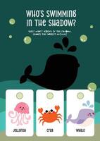 Cute and colorful worksheet featuring shadow matching with sea animals to help kids build early learning and marine knowledge vector
