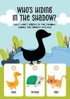 Cute kawaii worksheet for kids with a shadow matching game to identify swamp animals, perfect for fun early education and nature learning at home or school. vector