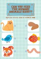 Fun printable worksheet in kawaii style for kids to match each animal to its food by drawing lines for learning and recognition vector
