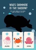 Shadow matching worksheet in kawaii style for kids featuring sea animals to support marine life knowledge and early skills vector