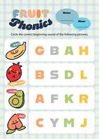 Fun phonics worksheet with fruit illustrations for kids colorful and engaging for learning at home or in classroom settings vector