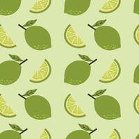 Seamless pattern featuring lime and lime slices on green background. Perfect for summer designs, food packaging or kitchen-themed prints vector