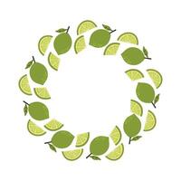 wreath with whole and sliced green limes and leaves arranged in a circle. Bright and fresh citrus design perfect for summer themes, tropical backgrounds and food packaging vector
