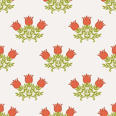 Seamless floral pattern featuring stylized tulip flowers and green leaves on a light background. Perfect for vintage and decorative