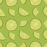 Seamless pattern featuring lime slices and wedges on a green background. Perfect for summer designs, food packaging, fabric, or kitchen-themed prints vector