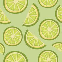 Seamless pattern featuring lime slices and wedges on a green background. Perfect for summer designs, food packaging, fabric, kitchen-themed prints vector