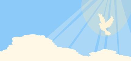 Elegant depicting a white dove, symbolizing the Holy Spirit, soaring above soft clouds with heavenly rays of light. Ideal for religious designs, church materials vector