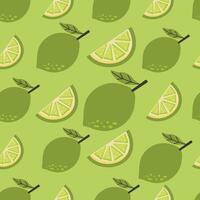 Seamless pattern featuring lime and lime slices on green background. Perfect for summer designs, food packaging, fabric, or kitchen-themed prints vector