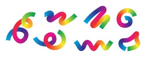 Set of abstract ribbon elements with gradient transitions in rainbow hues.Curved and twisted shapes ideal for festive designs, digital artwork and modern compositions vector