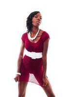 Young Slim African American Woman Standing In Red Dress photo