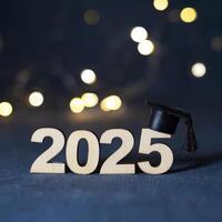 Wooden number 2025 with graduate hat on dark background with bokeh. Class of 2025 concept photo