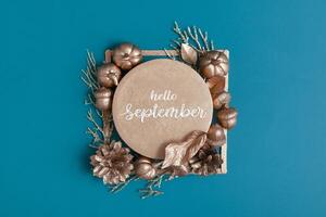 Hello september text and still life of golden acorns, cones, leaves and pumpkins on a color background photo