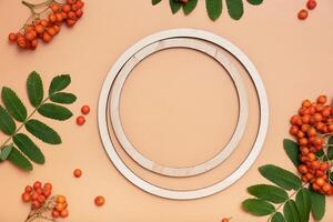 Blank wooden frame with copy space decorated with rowan leaves and berries. Autumn mock up flat lay, top view photo