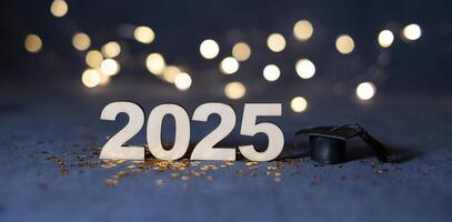 Class of 2025 banner. Wooden number 2025 with graduate hat on dark background with bokeh photo