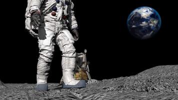 ett astronaut stående på de måne med jord i de bakgrund. 3d tolkning. inte ai. video
