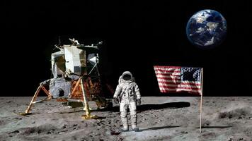 Astronaut walking on the moon and saluting the American flag. 3d rendering. NOT AI. video