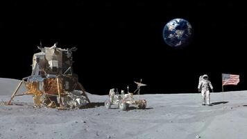 astronaut standing on the moon with an american flag. 3d rendering. NOT AI. video