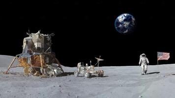 Astronaut walking on the moon sand saluting the American flag.. 3d rendering. NOT AI. video