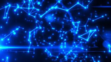 Abstract glowing network of blue nodes and connections forming a digital mesh over a dark futuristic background video
