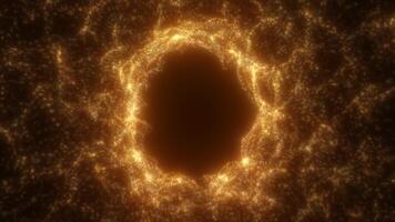 Golden particle energy portal radiating light in a circular shape with scattered glowing dust on dark background video