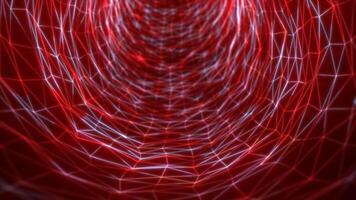 Abstract tunnel of red glowing particle lines forming a swirling energy circle on a dark backdrop video