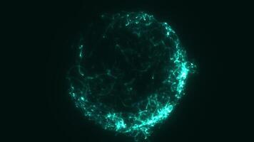 Teal glowing energy sphere made of swirling neon lines and particles on a deep green backdrop video
