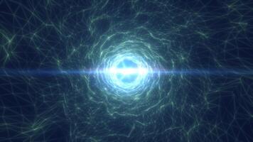 Green digital tunnel vortex formed by interconnected wireframe mesh lines and glowing energy center video