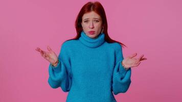 Confused pretty girl feeling embarrassed about ambiguous question, having doubts, no idea, clueless video