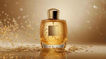 Elegant Perfume Bottle With Golden Liquid and Splashes on a Stylish Background 2 photo