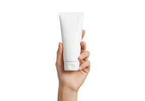 Hand Holding Blank Tube of Cream for Design Mockup 2 photo