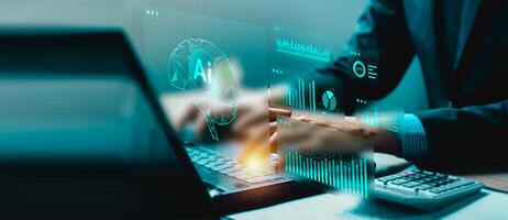 Artificial intelligence and futuristic technology analyzing financial data in real-time. Businessman using AI-powered system with digital charts for smart investment and strategic planning. photo