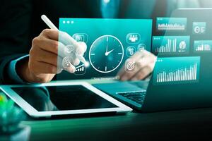 Time management and productivity planning concept with businessman using digital scheduling tool. Smart technology for task organization, business efficiency, performance tracking, workflow control. photo