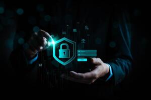 Cybersecurity and data protection concept with businessman securing online login. Digital shield with lock icon for privacy, authentication, secure access, and information security technology. photo