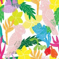 a colorful pattern, with tropical plants and birds vector