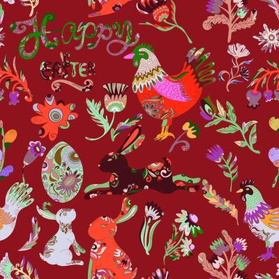 a pattern with birds and ,flowers on a red background