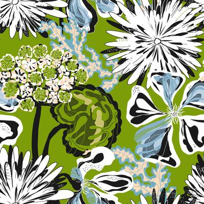 a green and white floral pattern with black and white flowers