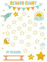 A table for tracking a child's progress in achieving a goal with cute children's elements, a rocket and stars vector