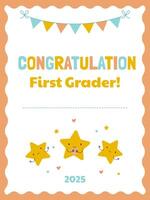 Bright diploma with congratulations for the first grader with funny stars and garland with flags vector
