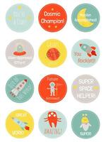 A set of motivational space-themed stickers for children with rockets, aliens and an astronaut vector
