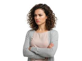 White curly haired woman folding arms and frowning with upset expression, isolated on white background photo