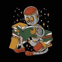 Retro Cartoon Robot Mascot Reading Among a Pile of Books vector