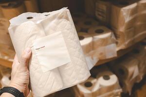 Bamboo Paper Towel Roll. Eco Friendly, Soft and Sustainable Alternative for a Greener Future. Stack of Brown tissue paper pack. photo