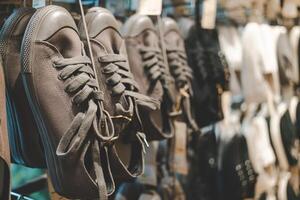 Classic Canvas Sneakers on Display in a Fashion Retail Store. Several pairs of canvas sneakers hanging neatly on display in a modern fashion retail store. photo