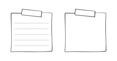 Hand drawn memo paper sheet text frame template set, sticky note, reminder, to do list, sticky tape. Bullet journal elements in line art doodle style. vector