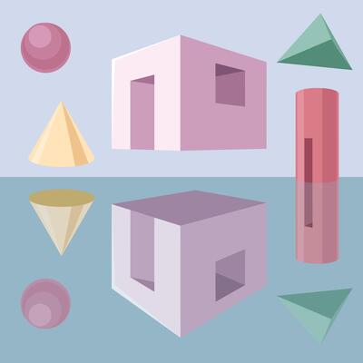 elements reflected in the water. Volume 3d, perspective and reflection