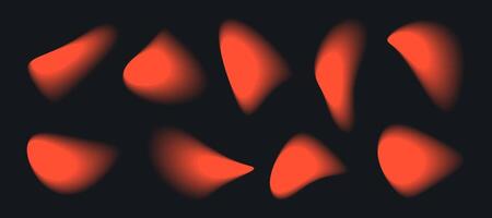 Ten blurred orange shapes appear against a black background. The abstract forms resemble droplets or liquid, displaying gradients and blurred edges, seemingly suspended in space. vector